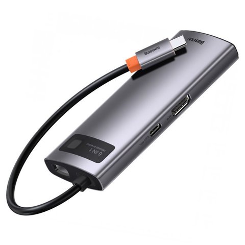 USB-хаб Baseus Metal Gleam, USB тип-C, USB 3.0 тип-A, RJ-45, HDMI, с индикатором, серый, 6 портов, #CAHUB-CW0G Превью 1