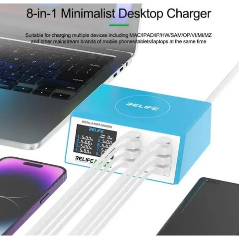 Mains Charger RELIFE RL-309A, (100 W, Power Delivery (PD), with LCD, 8 ports) Preview 2