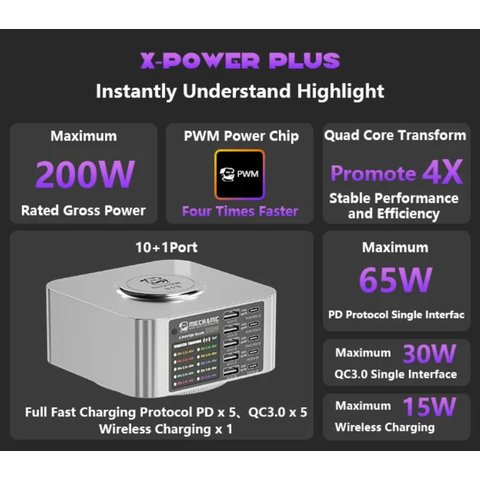 Adaptador de red Mechanic X-Power Plus, 200 W, Quick Charge, Power Delivery (PD), con cargador inalámbrico, 10 puertos Vista previa  1