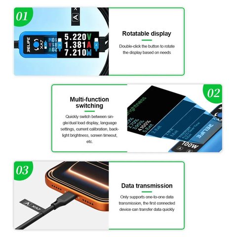 Probador USB RELIFE XA7, USB tipo C, 2xUSB tipo-C, 100W Vista previa  2