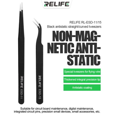 Пінцет монтажний RELIFE ESD-15, вигнутий, антистатичний, 120 мм, чорний Прев'ю 1