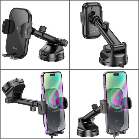 Автомобильный держатель Hoco HW5, черный, выдвижной, вакуумная присоска, с беспроводной зарядкой, c кабелем, 15 Вт, #6942007601450 Превью 1